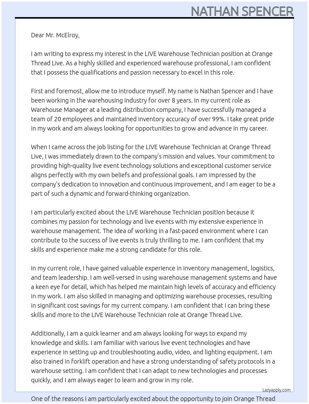 LIVE Warehouse Technician At Orange Thread Live Cover Letter