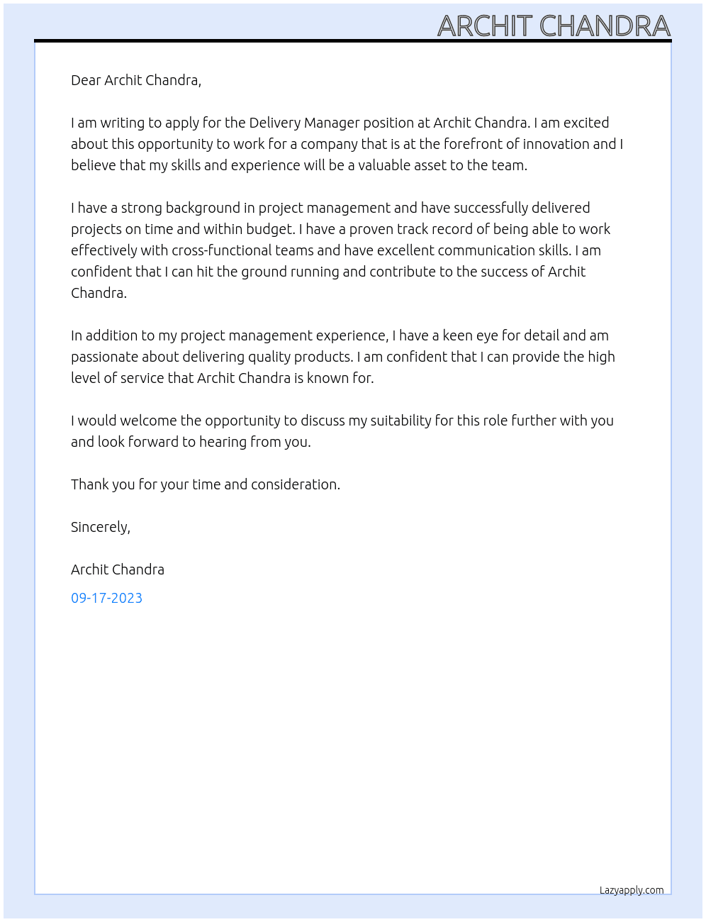 Delivery Manager At Archit Chandra Cover Letter