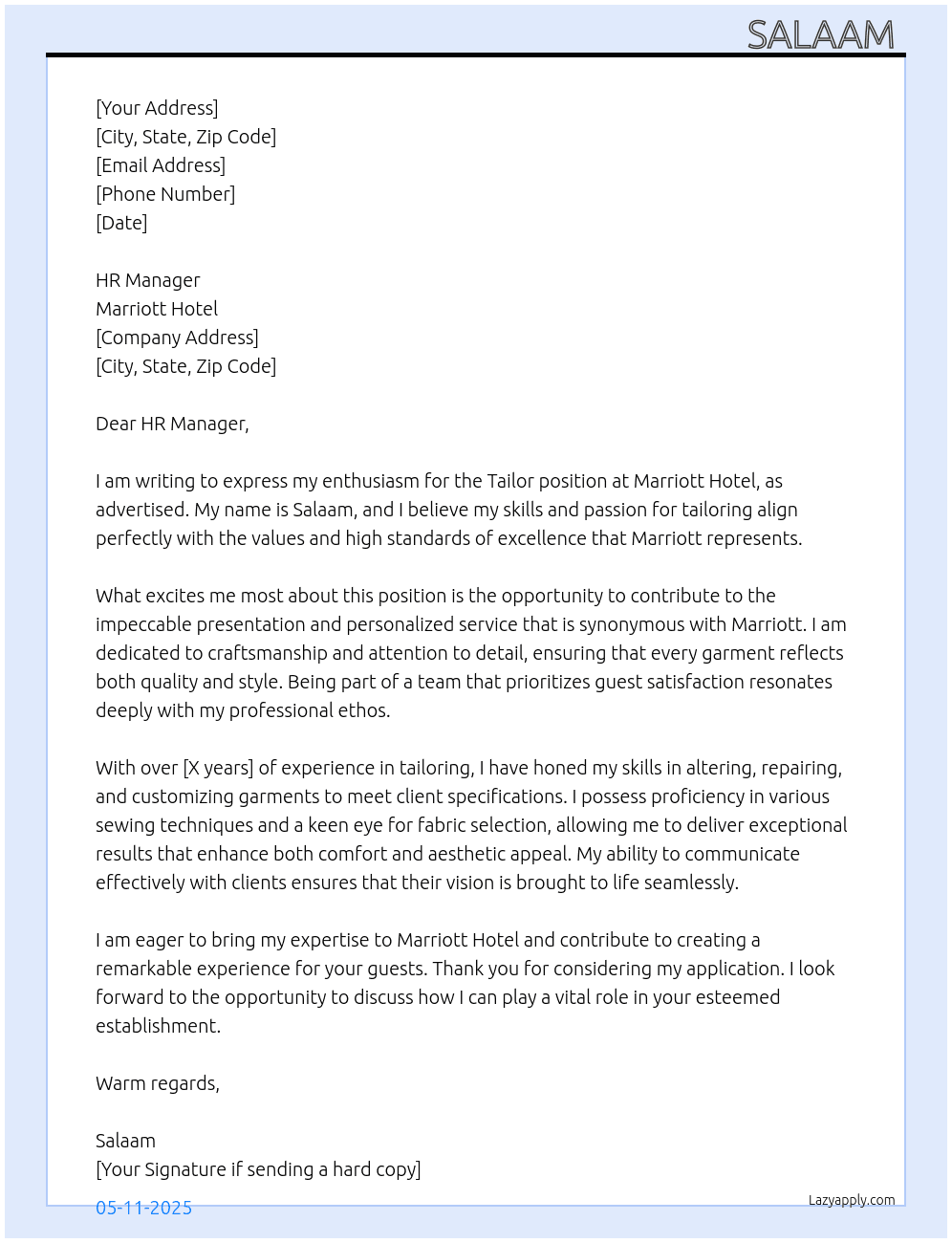 Tailor At Marriott Hotel  Cover Letter