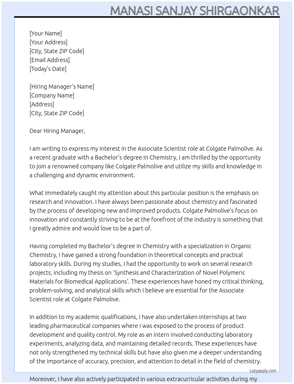 Fresher  At Colgate Palmolive  Cover Letter