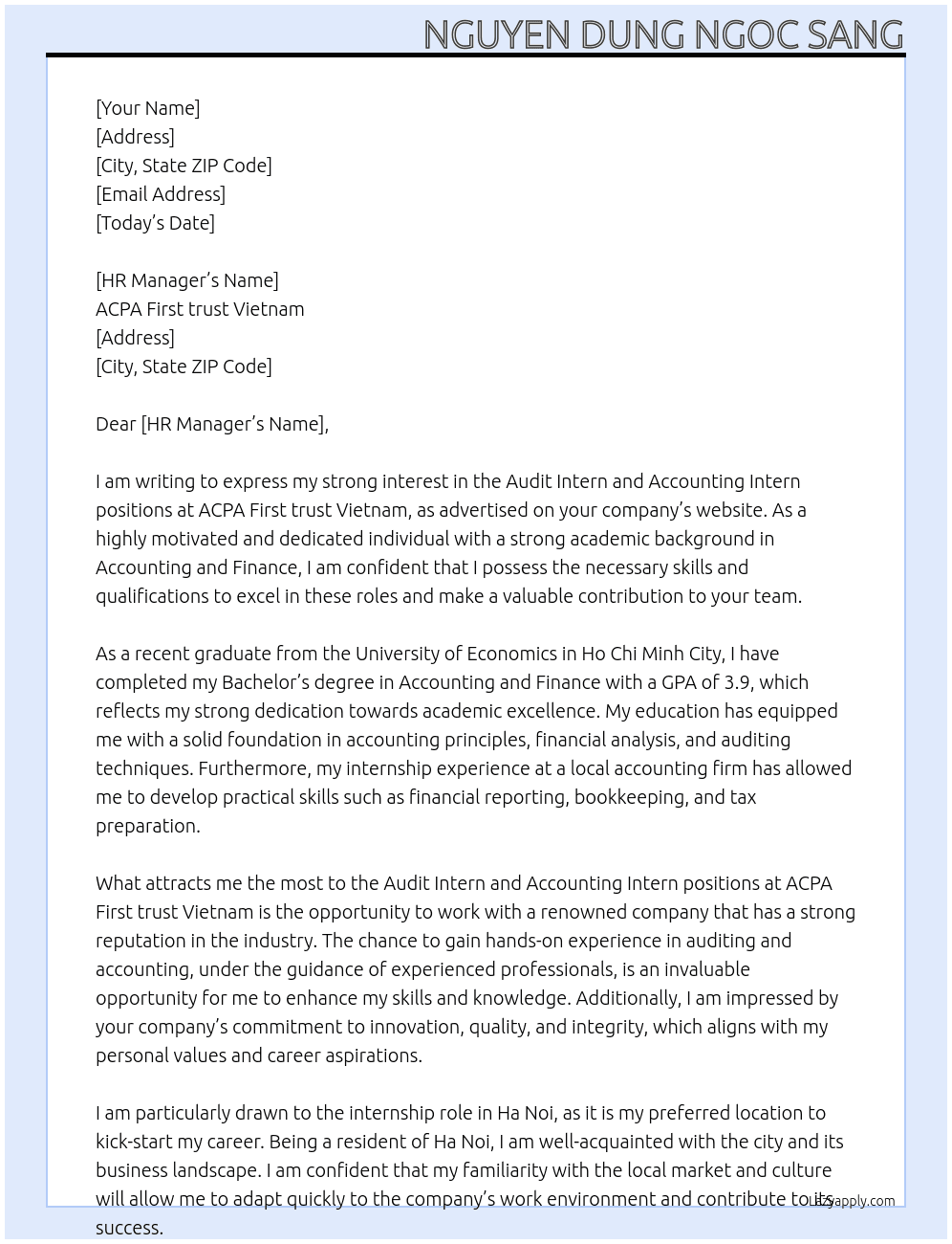 Audit intern and Accounting intern At ACPA First trust Vietnam Cover Letter