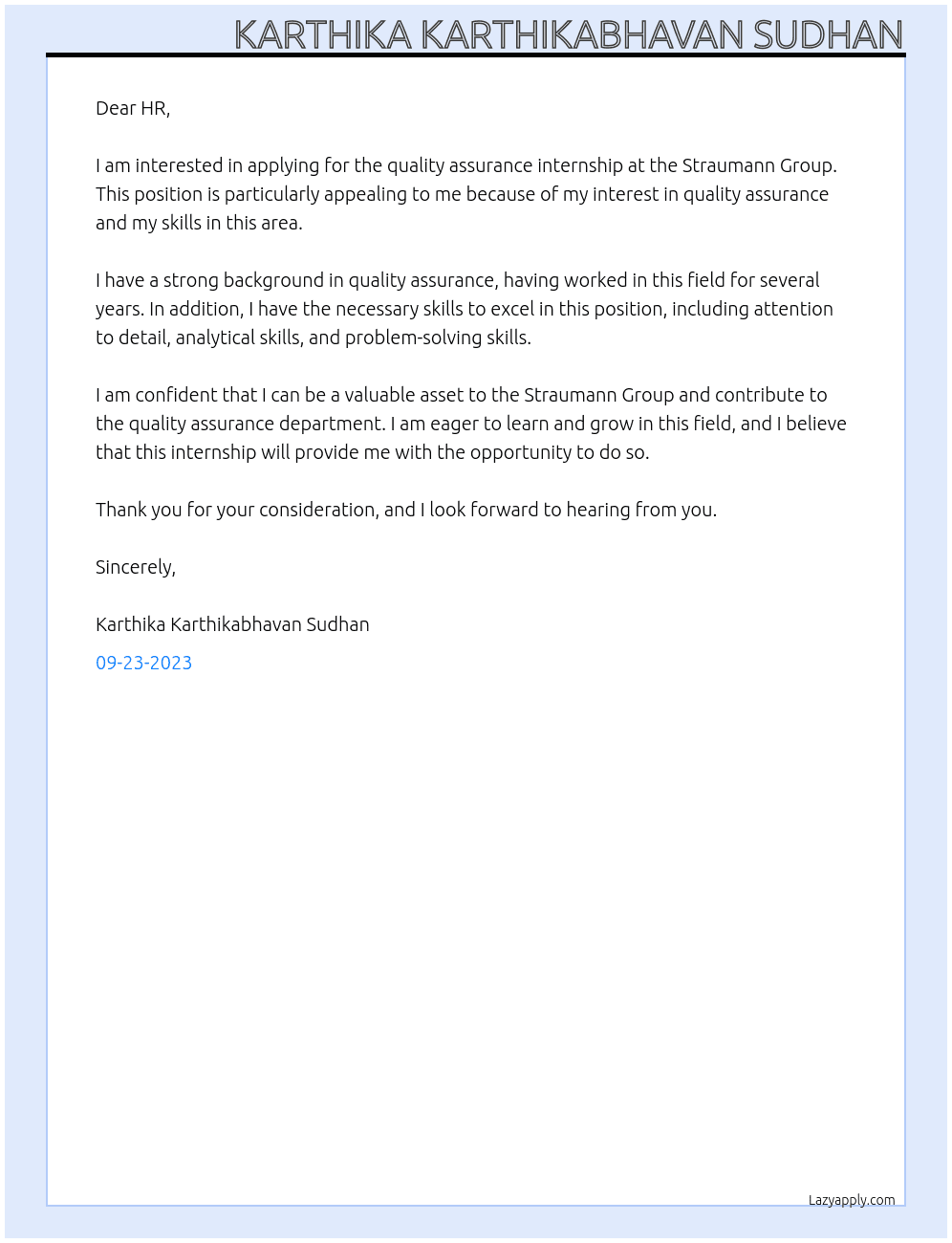quality assurance internship At Straumann Group Cover Letter