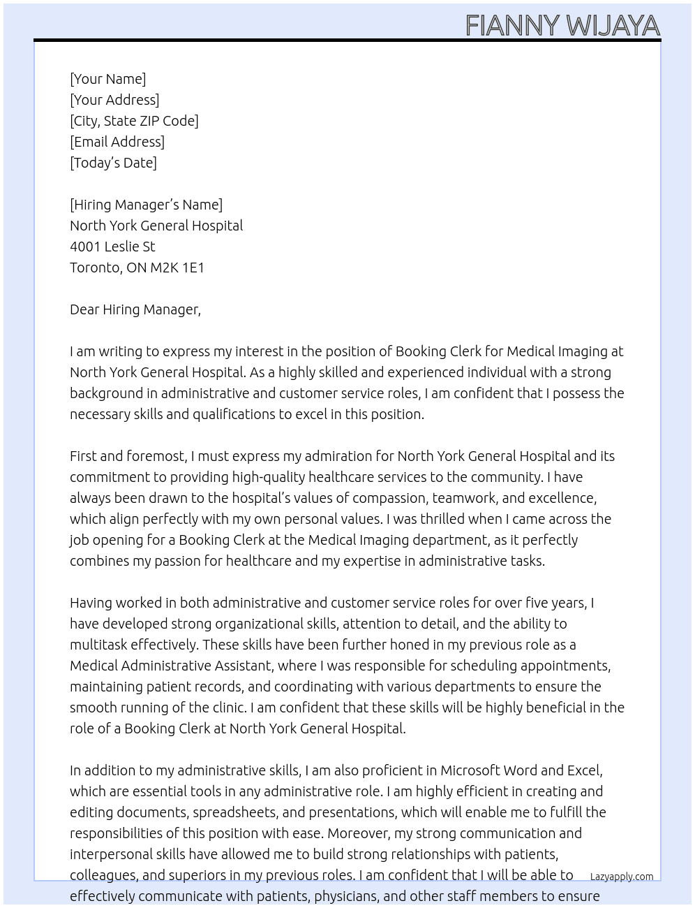 Booking Clerk - Medical Imaging At North York General Hospital Cover Letter