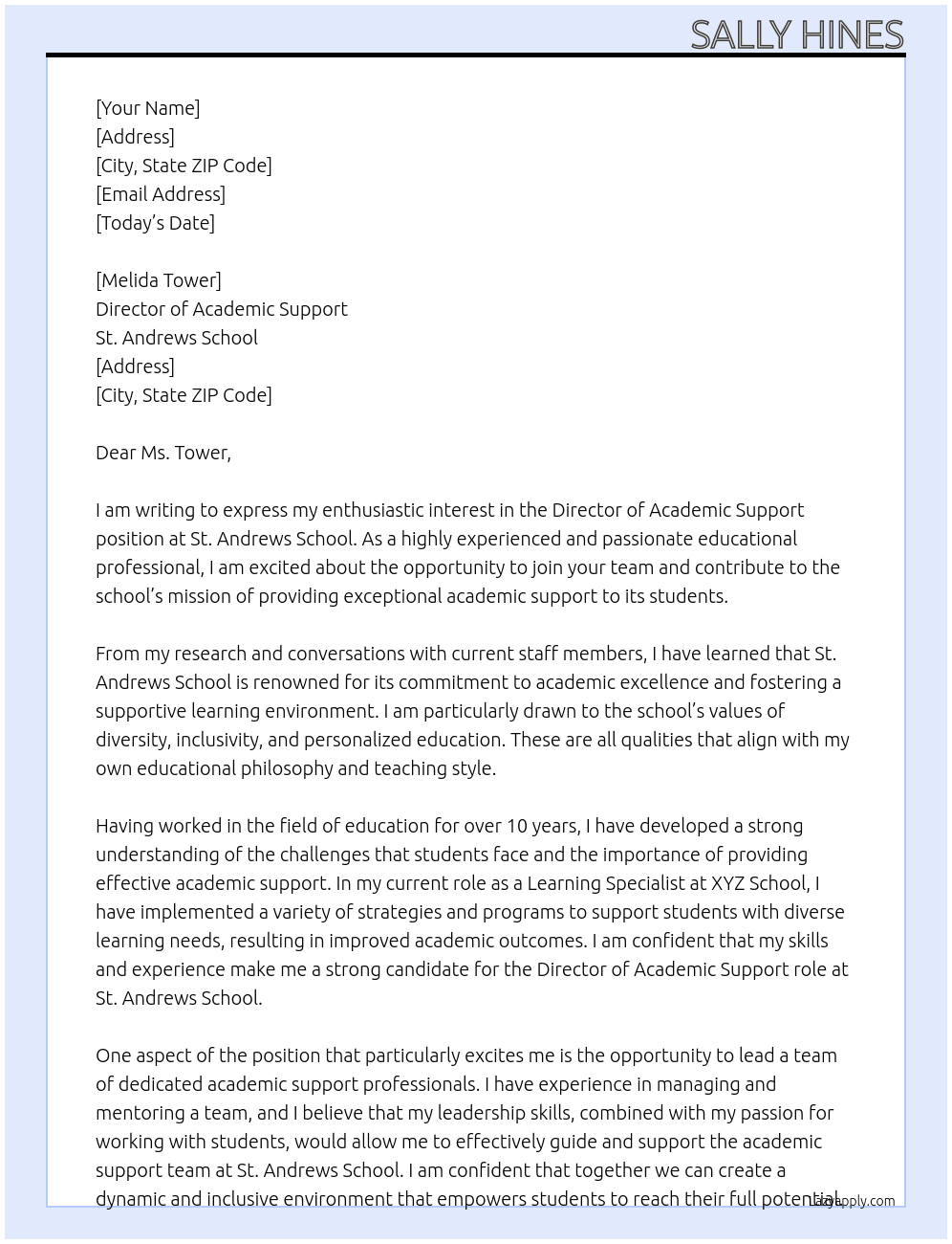 Director of Academic support At St. Andrews School Cover Letter