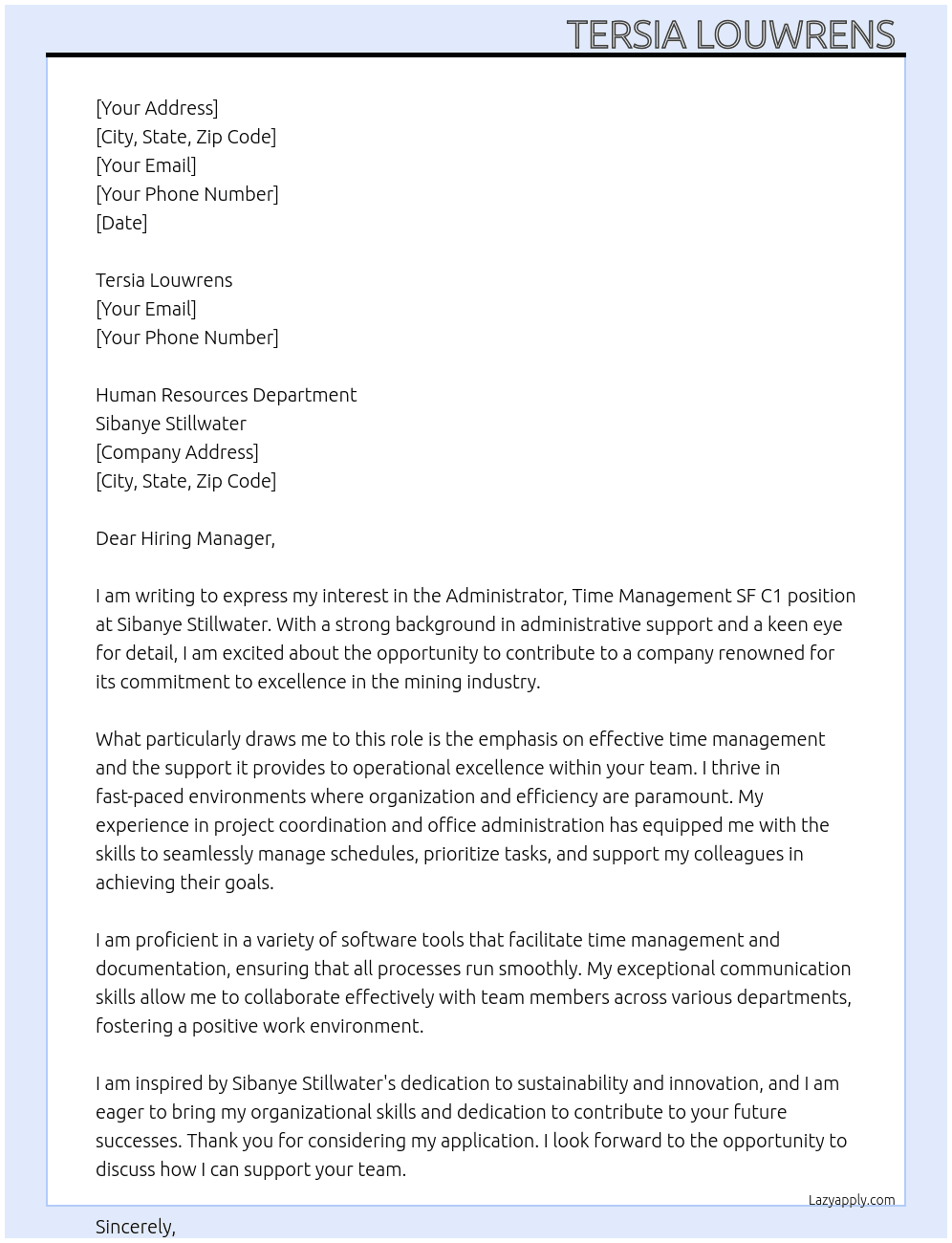 Cover letter for administrator time management sf c1 - LazyApply