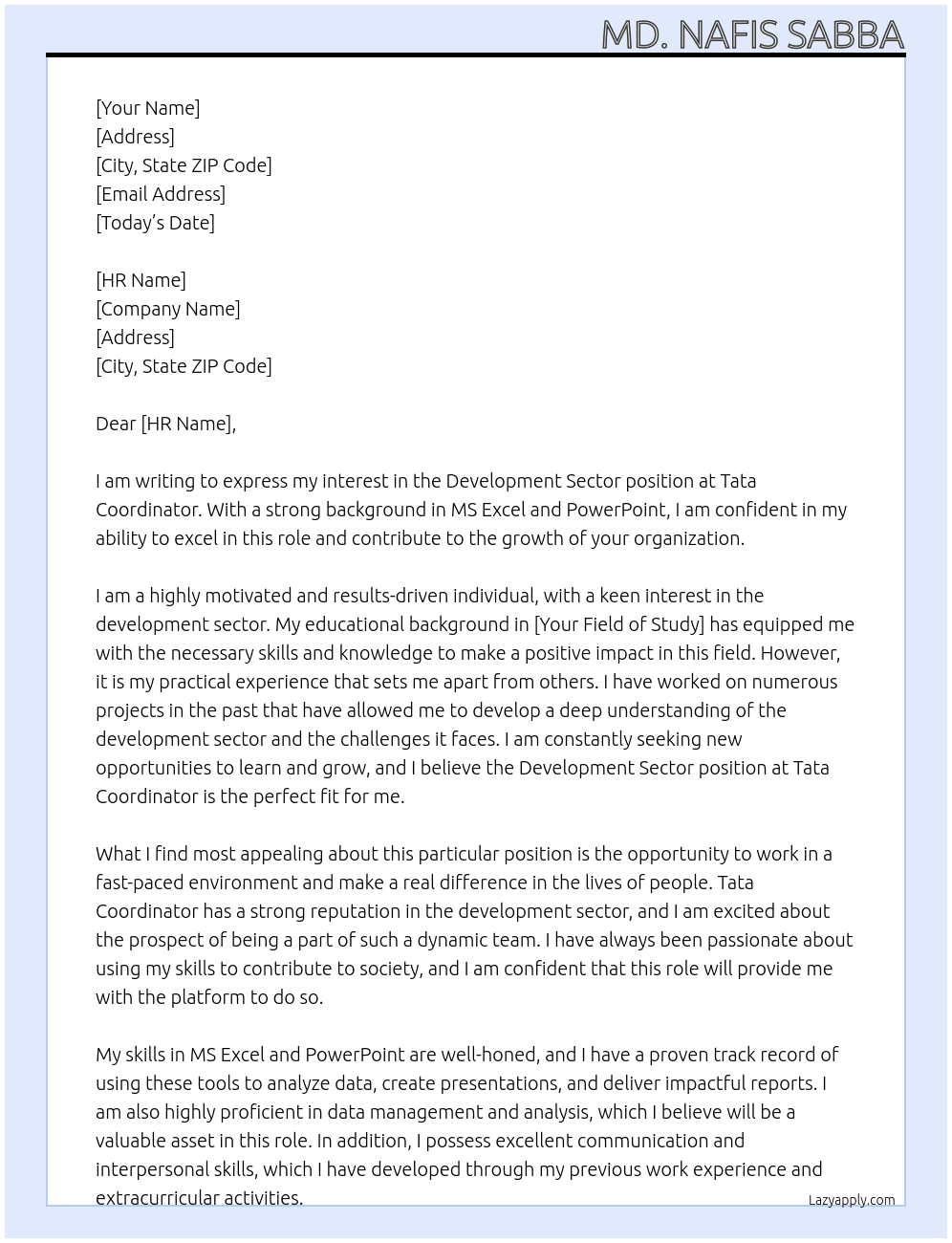 Development Sector  At Tata Coordinator  Cover Letter