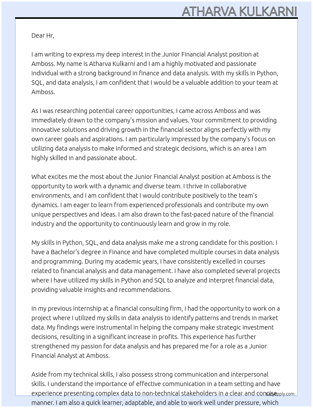 Junior Financial analyst At Amboss Cover Letter