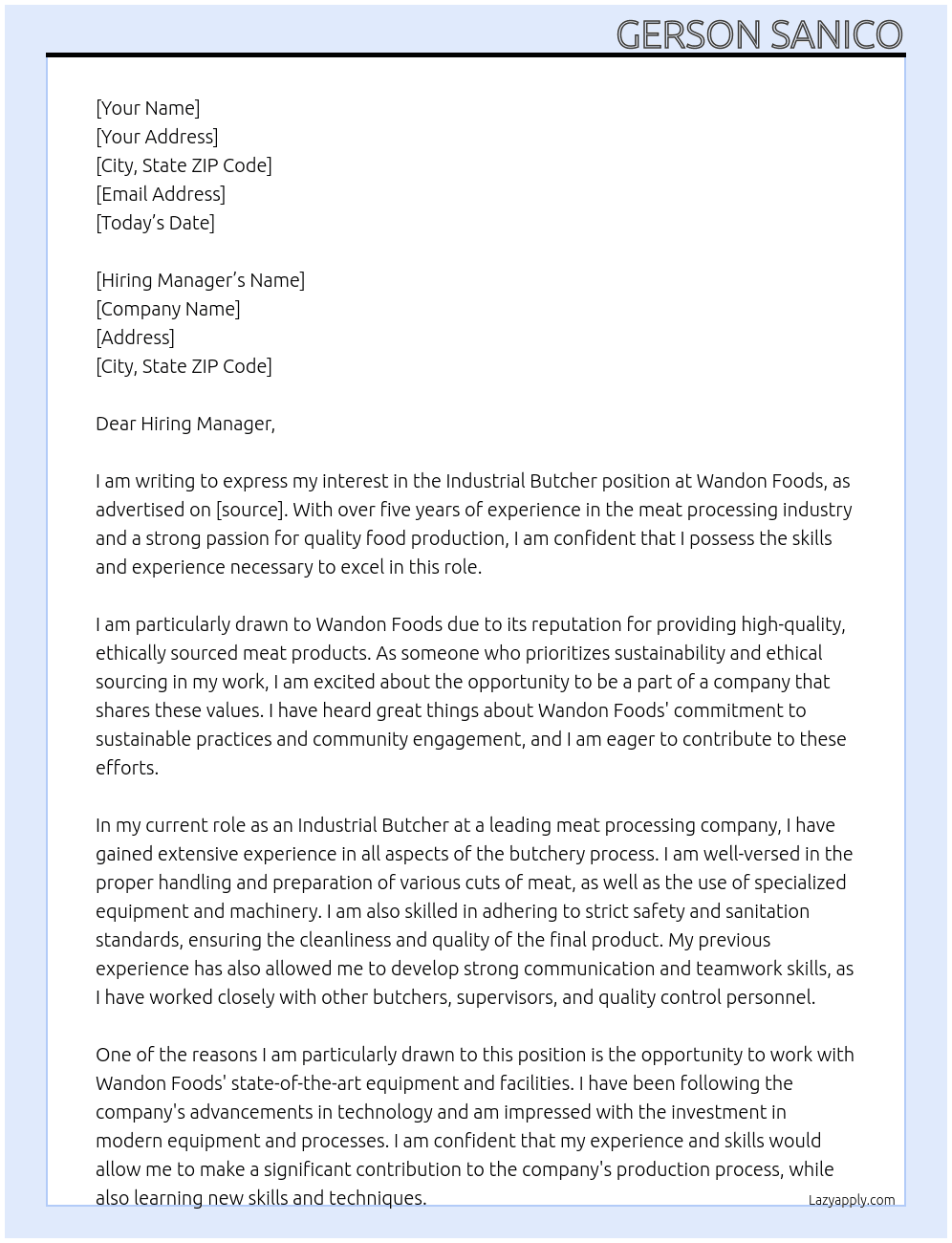 INDUSTRIAL BUTCHER At WANDON FOODS Cover Letter