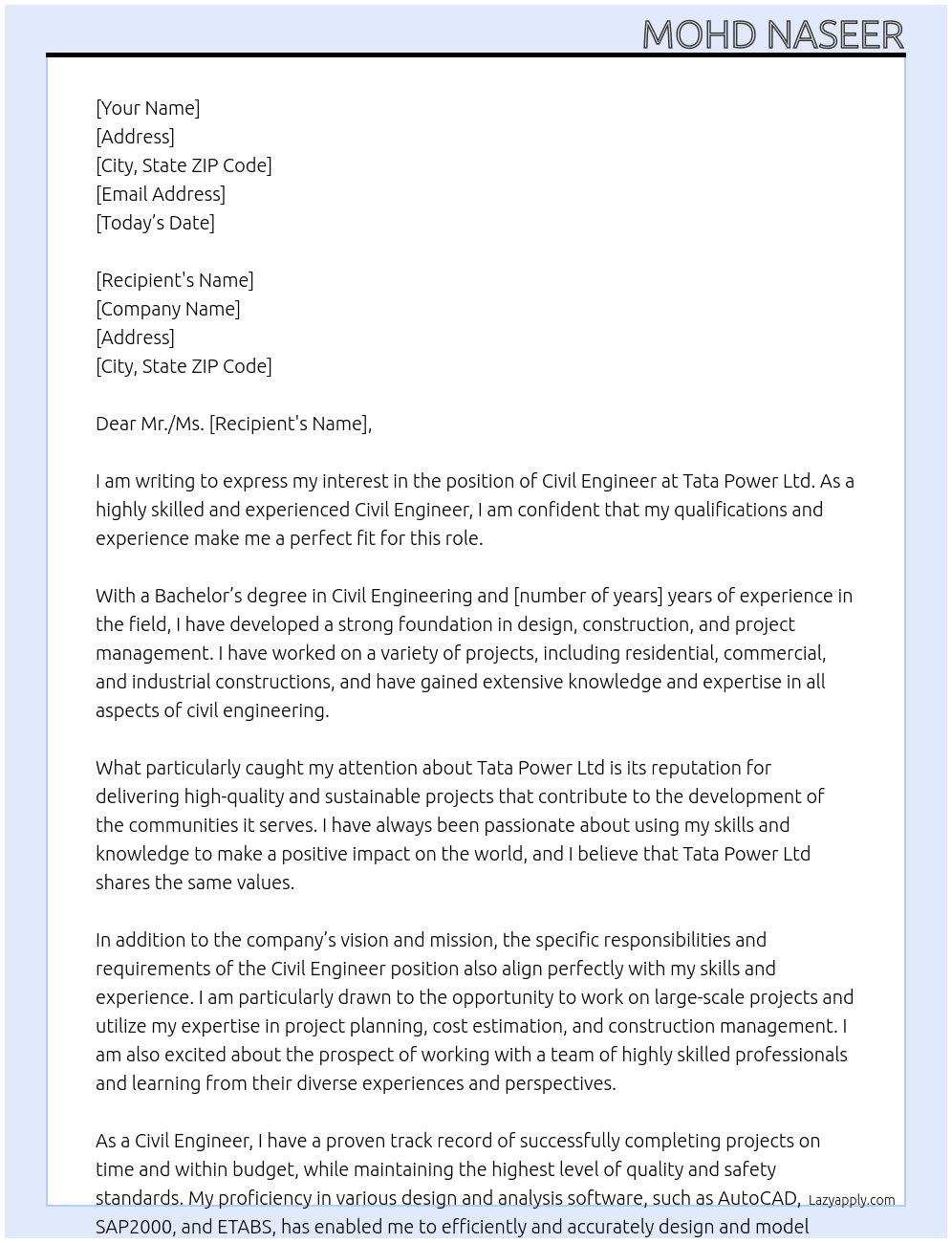 Civil engineer  At Tata power ltd Cover Letter