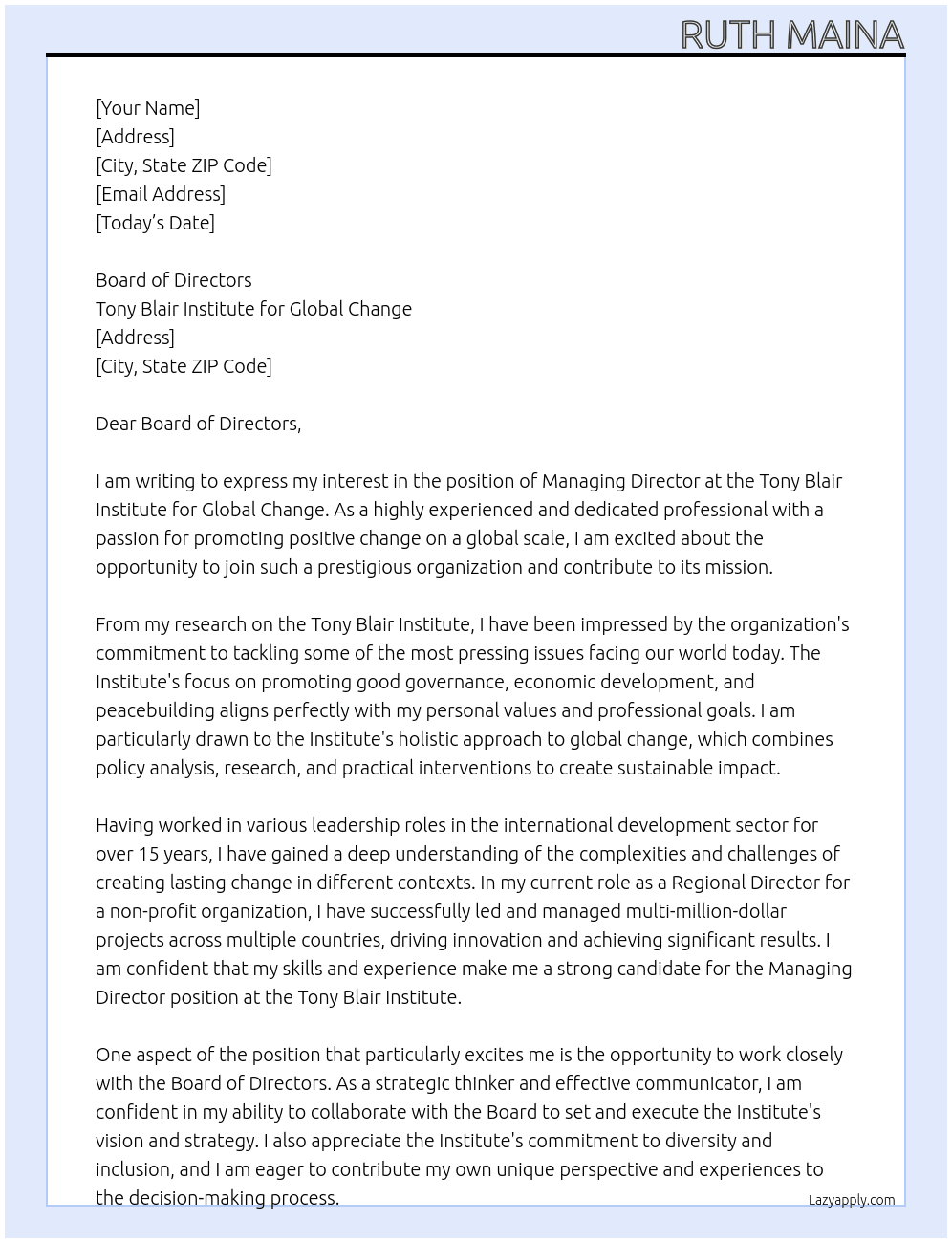 MANAGING DIRECTOR At TONY BLAIR INSTITUTE FOR GLOBAL CHANGE Cover Letter