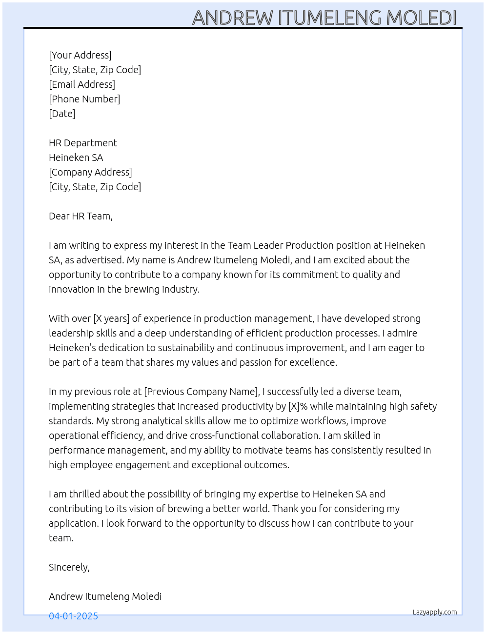 Team leader Production At Heineken SA Cover Letter