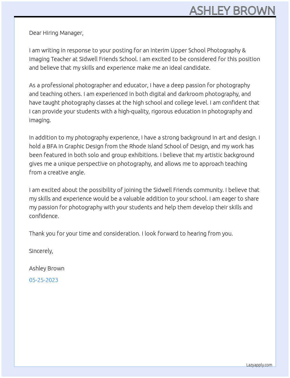 Interim Upper School (US) Photography & Imaging Teacher At Sidwell Friends School Cover Letter