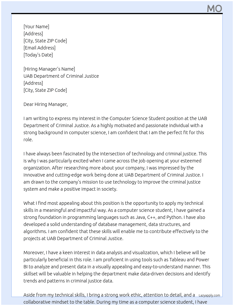 Computer Science Student At UAB Department of Criminal Justice Cover Letter