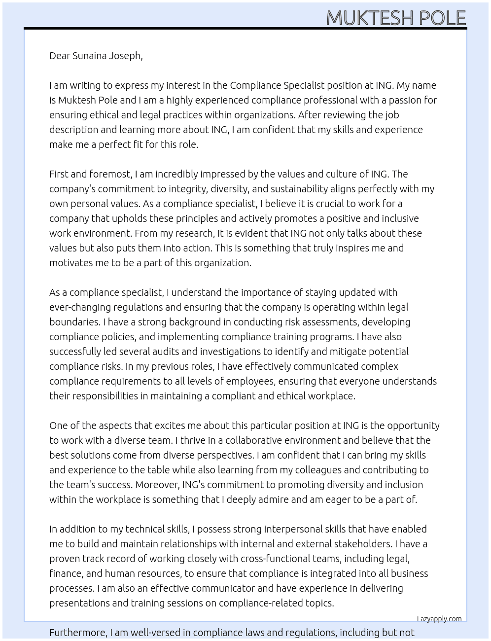 Compliance Specialist At ING Cover Letter