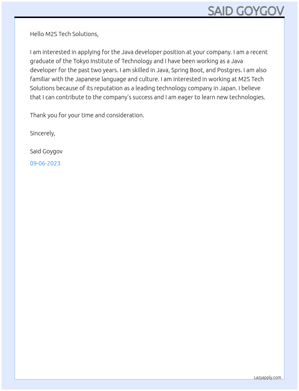 Java developer At M2S Tech Solutions Cover Letter