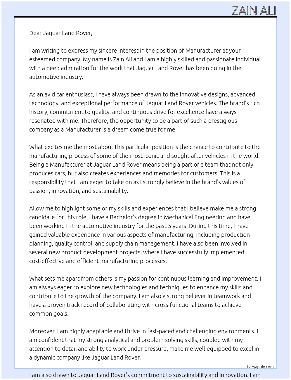 Manufacturer At Jaguar Land Rover Cover Letter
