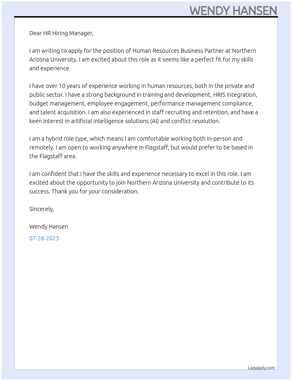 Human Resources Business Partner At Northern Arizona University Cover Letter