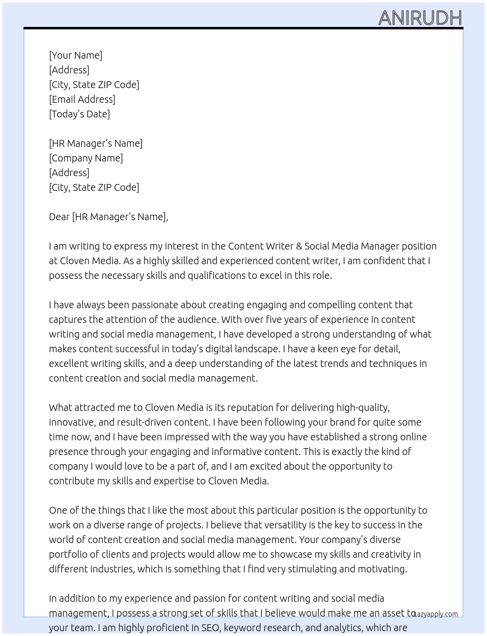 Content Writer & Social Media Manager At Cloven Media Cover Letter