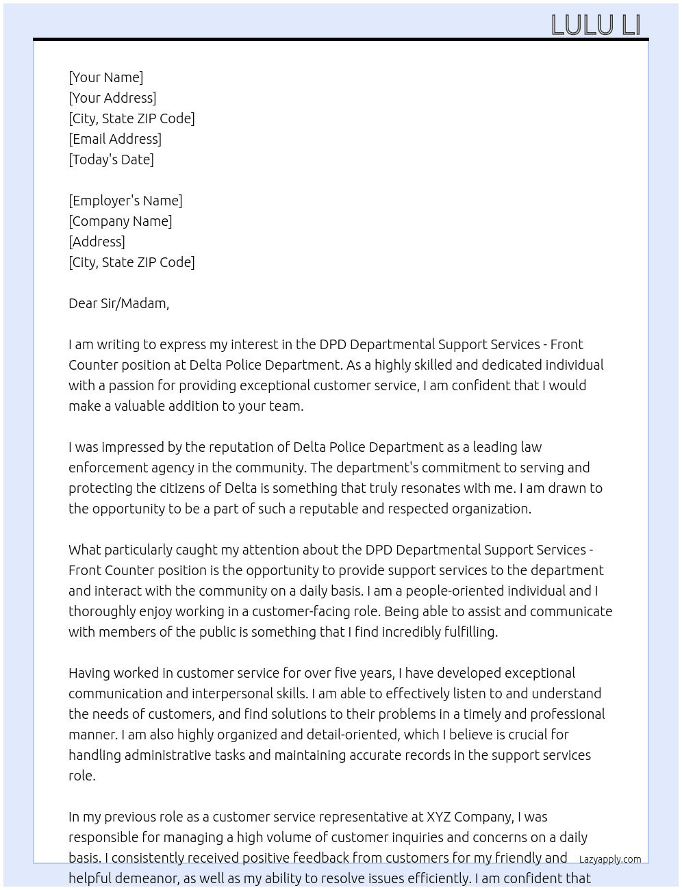 DPD Departmental Support Services - Front Counter At Delta Police Department  Cover Letter