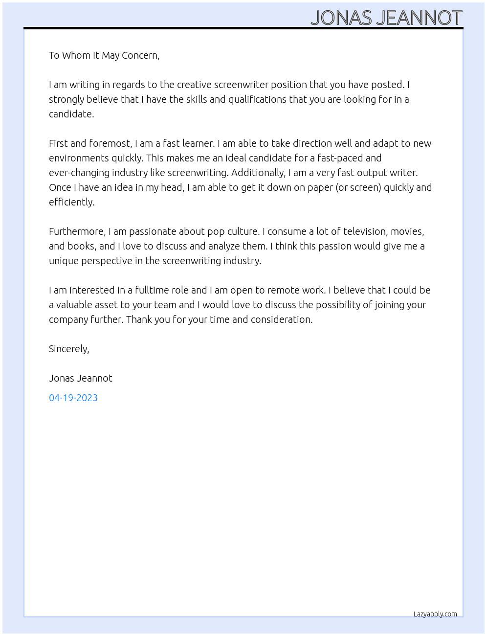 Creative screenwriter At Job posting Cover Letter
