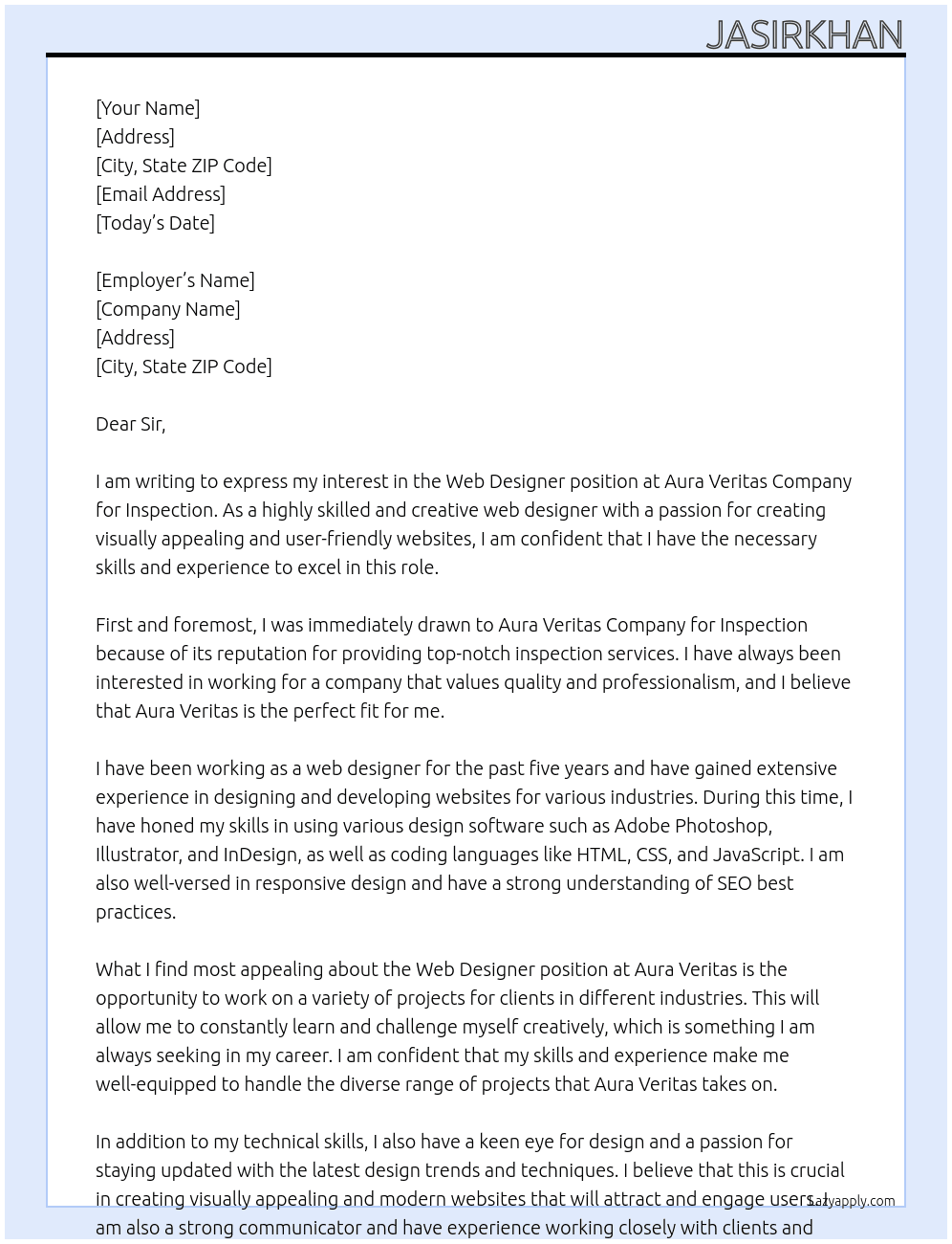 web designer At Aura veritas company for inspection Cover Letter