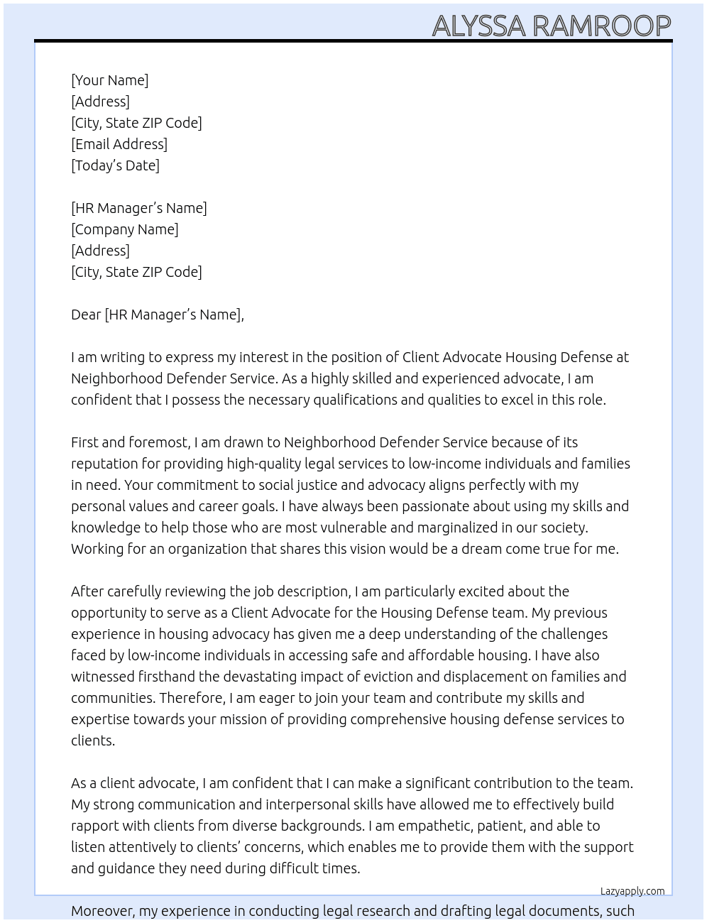 Client Advocate Housing Defense At Neighborhood Defender Service Cover Letter