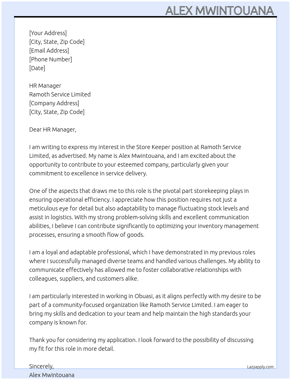 Store Keeper At Ramoth Service Limited  Cover Letter