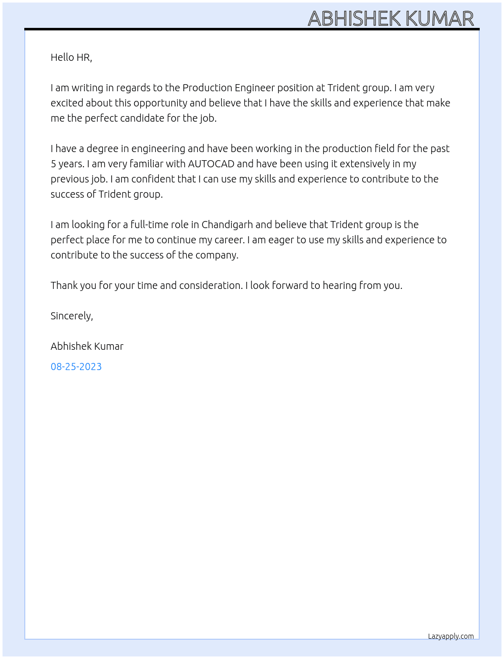 Production Engineer  At Trident group  Cover Letter