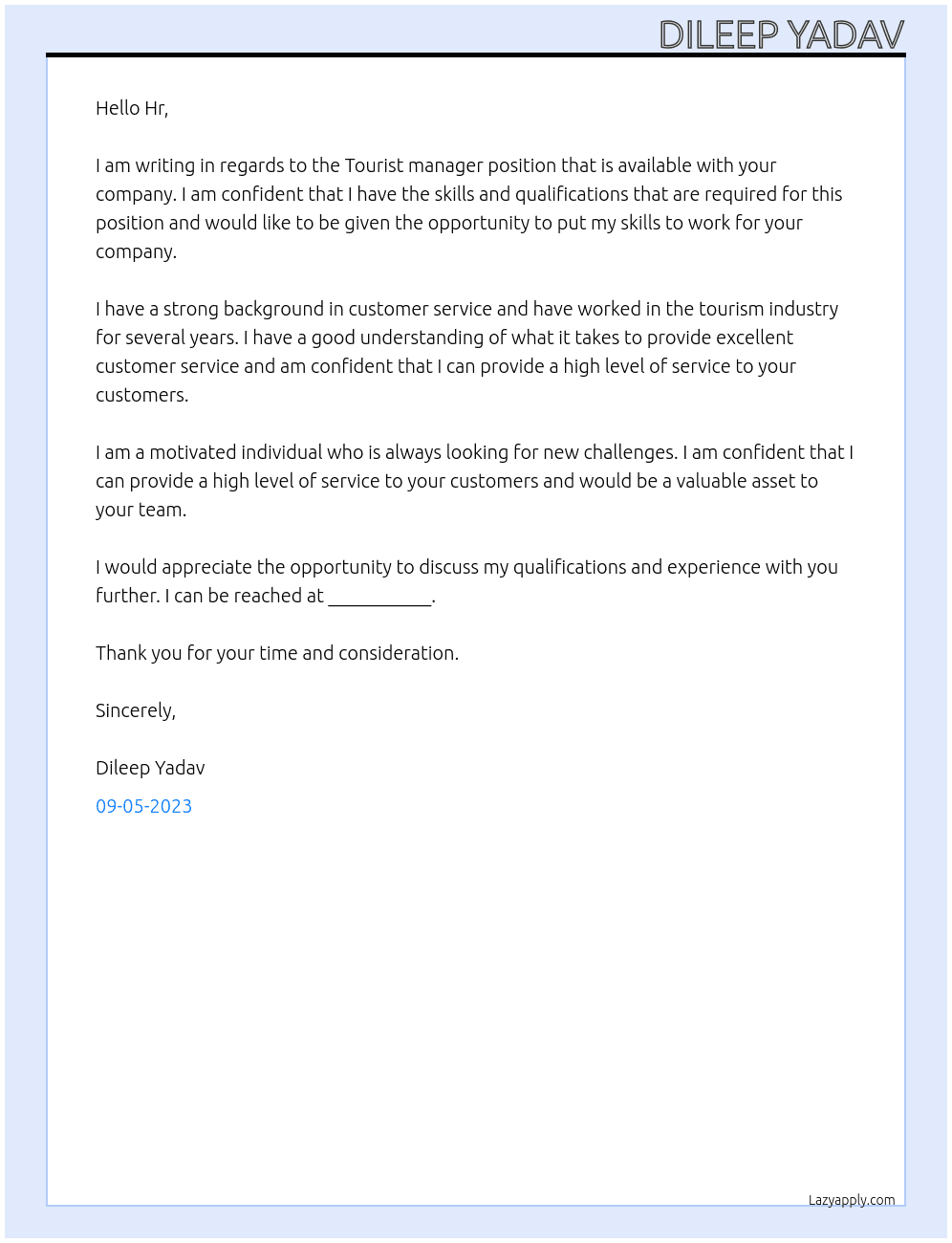 Tourist manager At Tourist Triangle Cover Letter