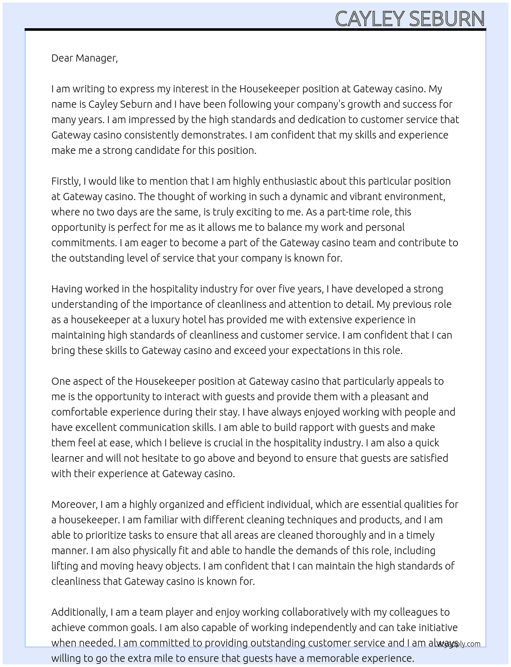 Housekeeper  At Gateway casino Cover Letter