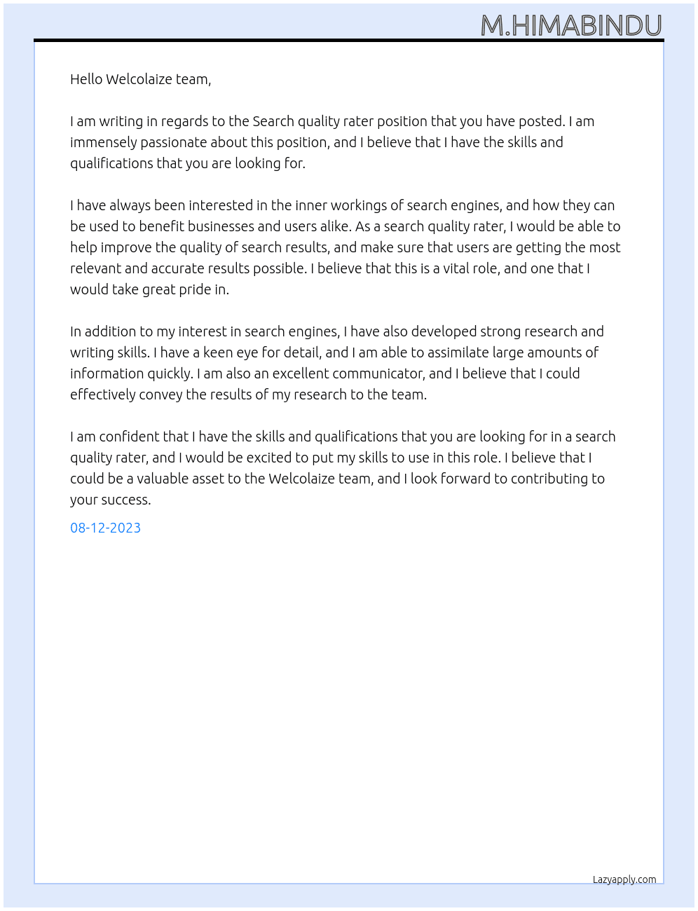 Search quality rater  At Welcolaize Cover Letter