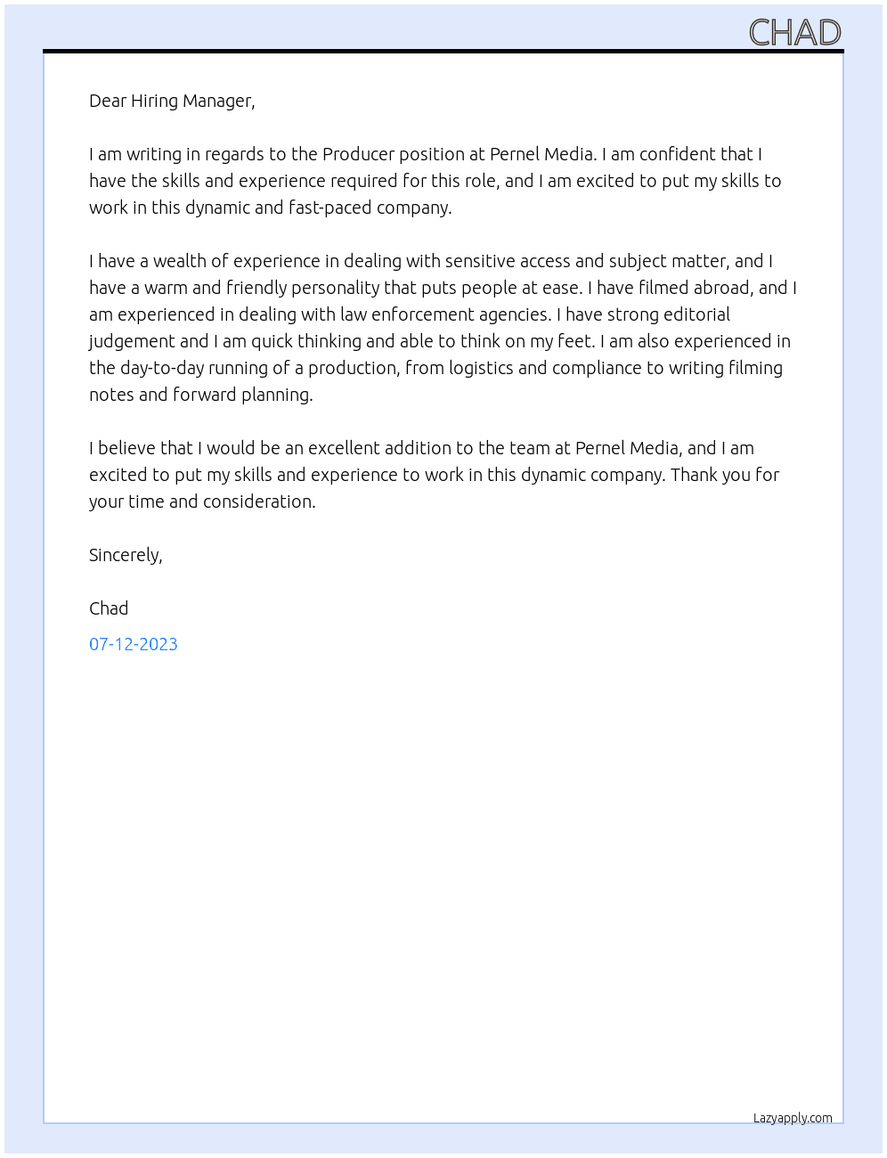 Producer At Pernel Media  Cover Letter