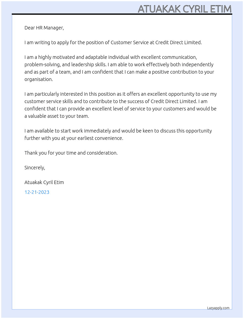 Customer Service At Credit Direct Limited Cover Letter