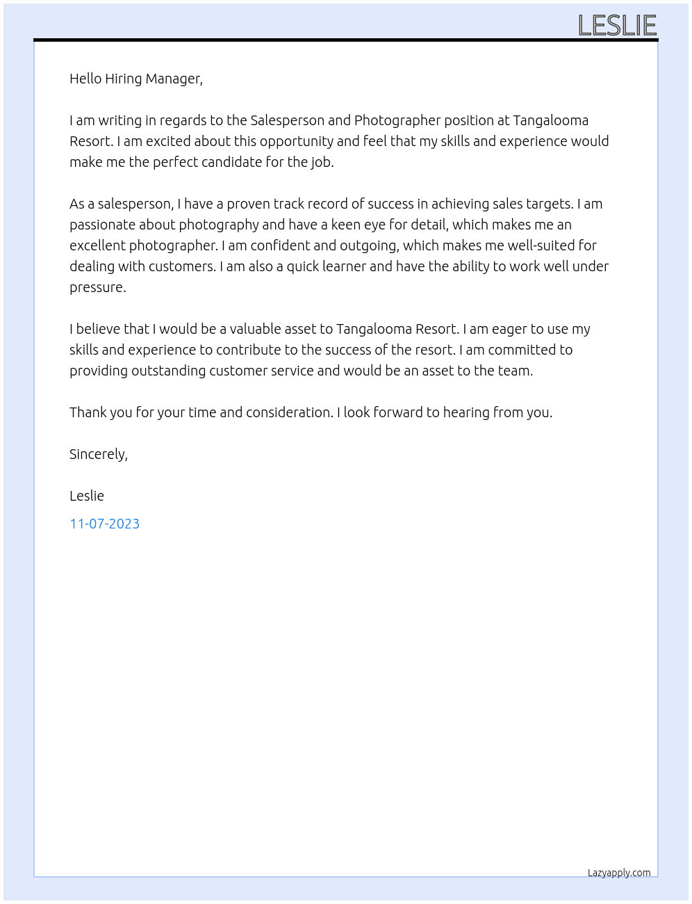 Salesperson and photographer At Tangalooma Resort Cover Letter