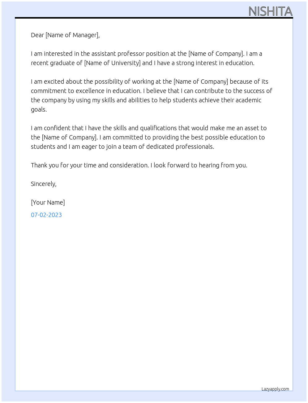 assistant professor At institute Cover Letter