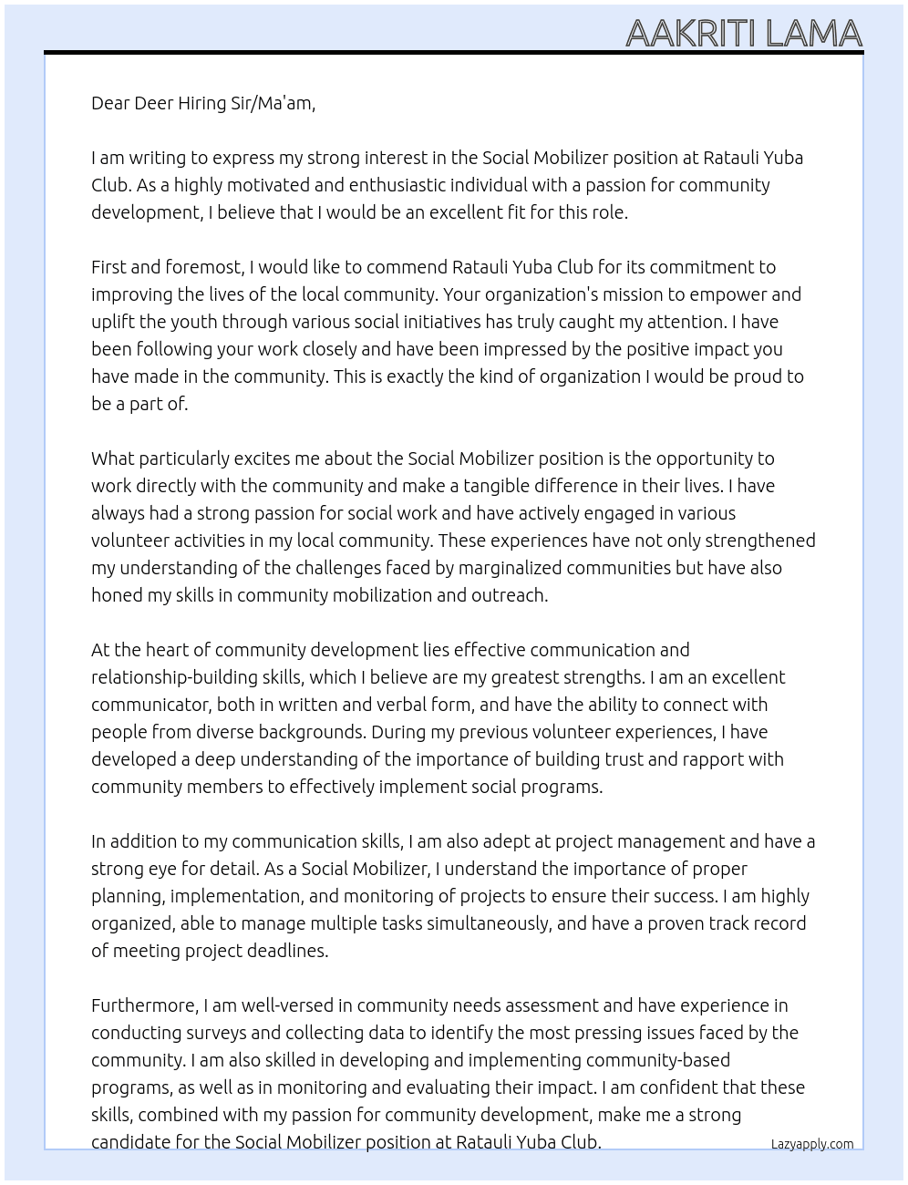 Social mobilize At Ratauli Yuba Club Cover Letter