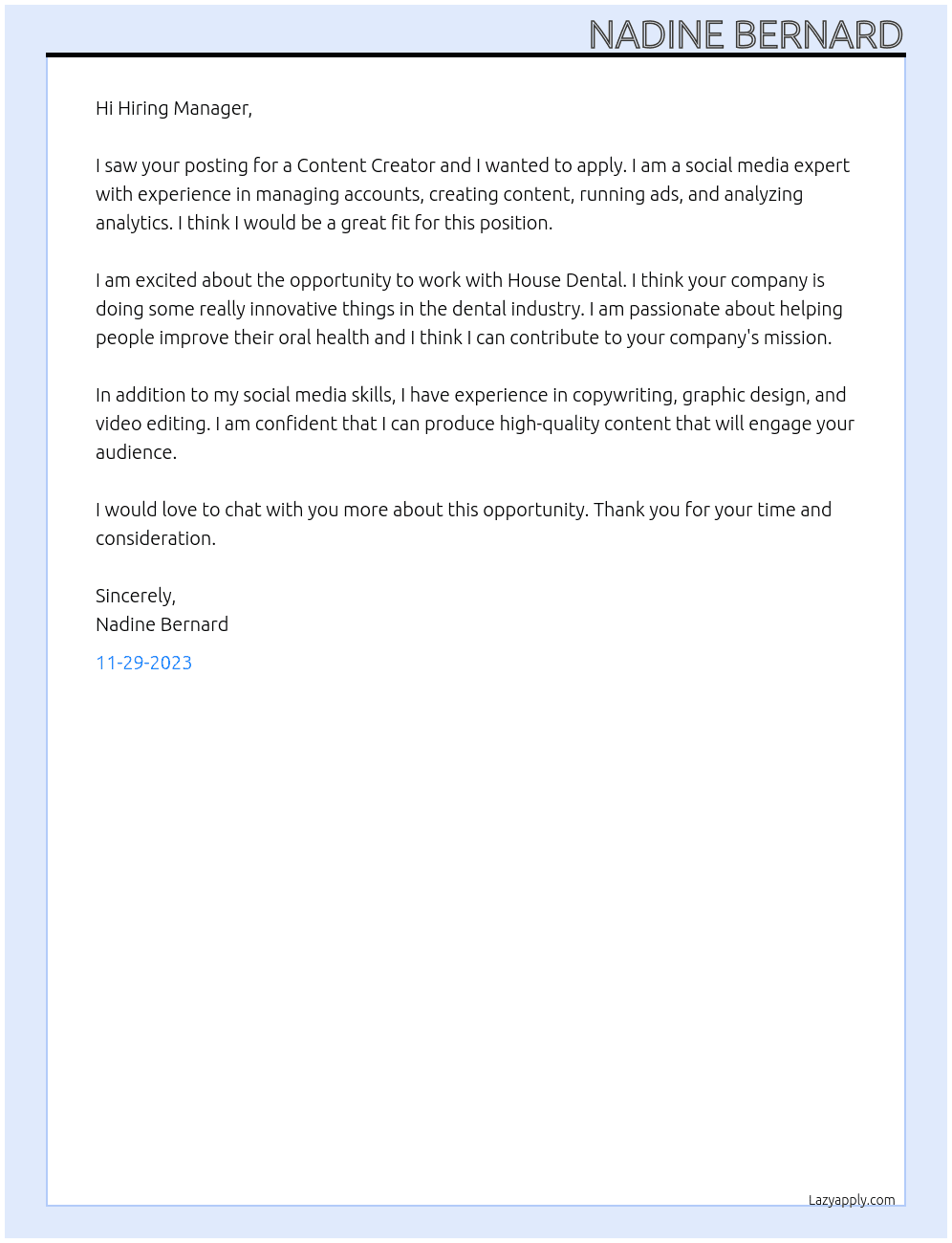 Content Creator At House Dental Cover Letter