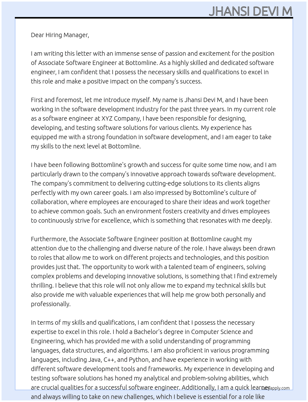 Associate Software Engineer At Bottomline Cover Letter