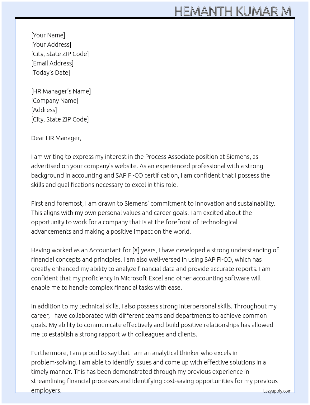 Process associate  At Siemens  Cover Letter