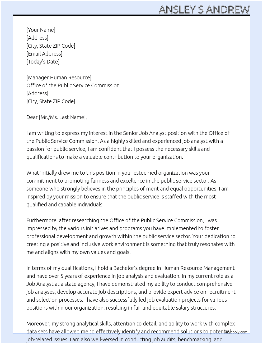 Senior Job Analyst with the Office of the Public Service Commission At Office of the Public Service Commission Cover Letter