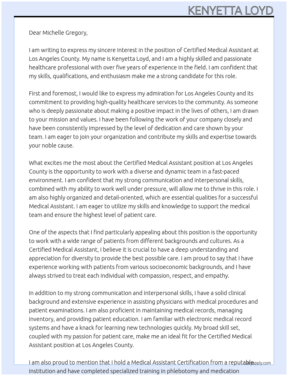 certified medical assistant At los angeles county Cover Letter