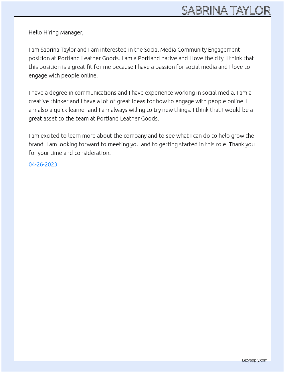 Social Media Community Engagement  At Portland Leather Good Cover Letter