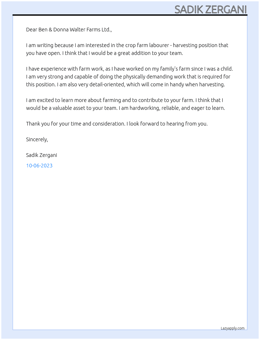 Cover letter for crop farm labourer - harvesting - LazyApply
