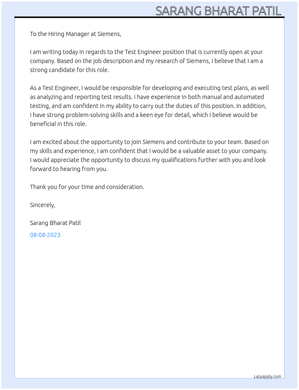 Test engineer At Siemens Cover Letter