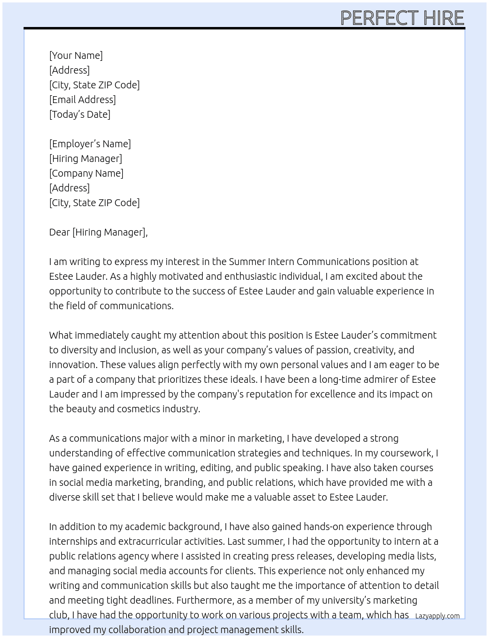 summer intern communications At estee lauder Cover Letter