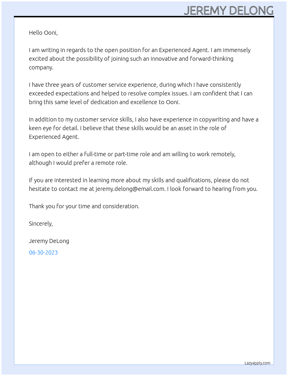 Experience Agent At Ooni Cover Letter