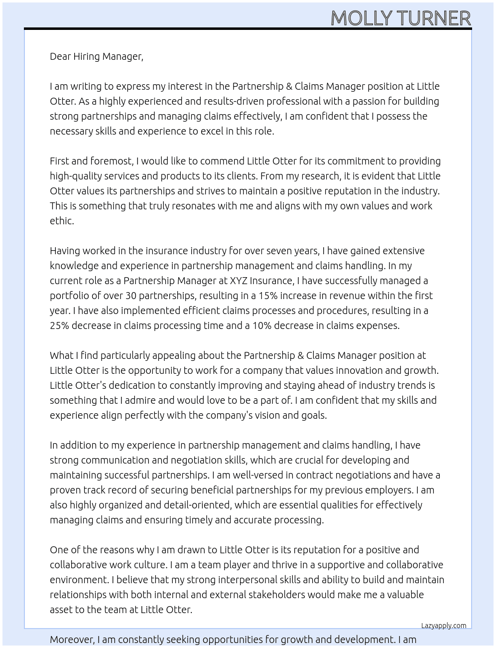 Partnership & Claims Manager At Little Otter Cover Letter