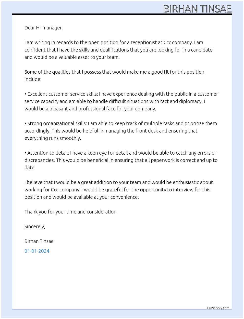 Receptionist  At Ccc company  Cover Letter