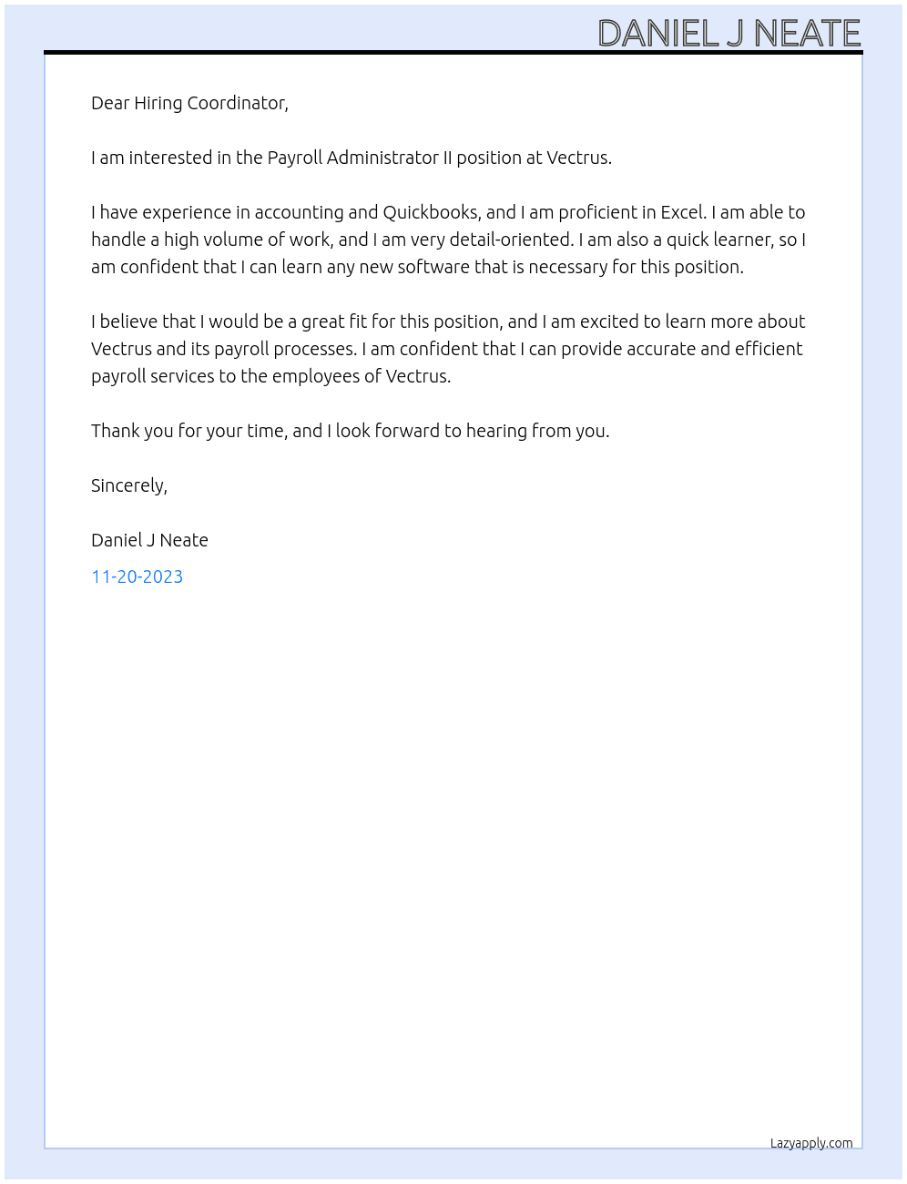 Payroll Administrator II At Vectrus Cover Letter