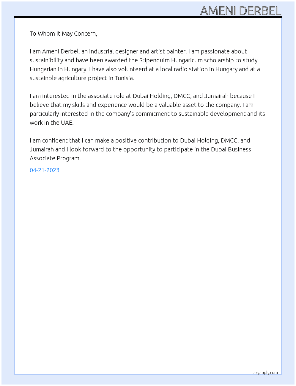 Participate in Dubai Business associate Programe At Dubai holding, DMCC, and Jumairah Cover Letter